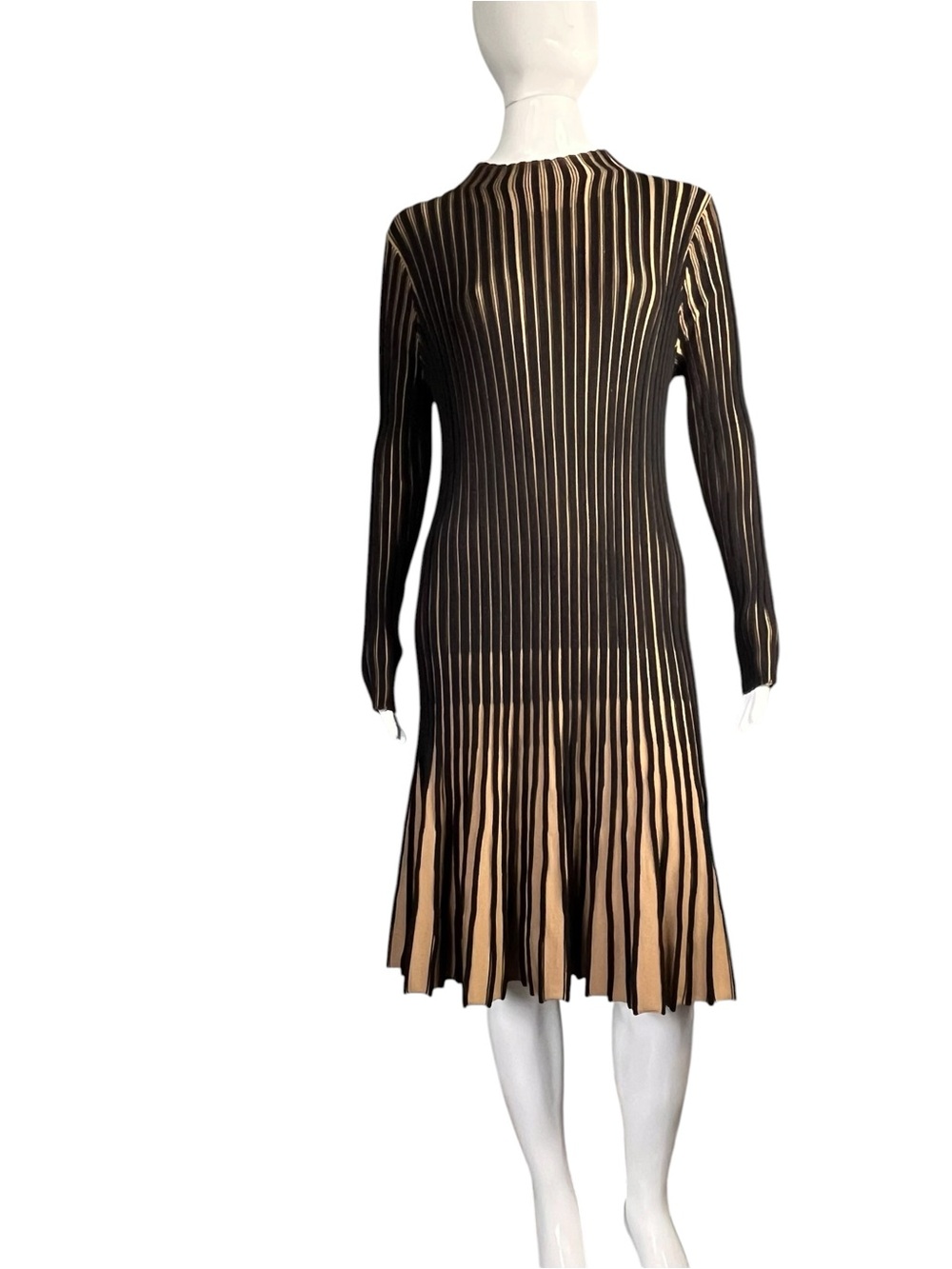 NWT Akris Punto Wool Rib Long Sleeve Fit-Flare Black Caramel Sweater Dress Sz 16